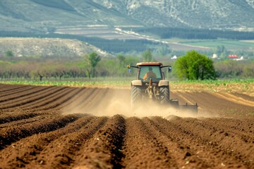 Fototapeta premium A modern tractor equipped with plow attached, working in an open agricultural landscape