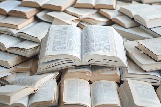 A multitude of open books spread out in a random arrangement, showcasing various pages and texts.