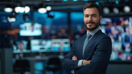 Fototapeta premium An attractive male TV journalist reporting live from a professional news studio