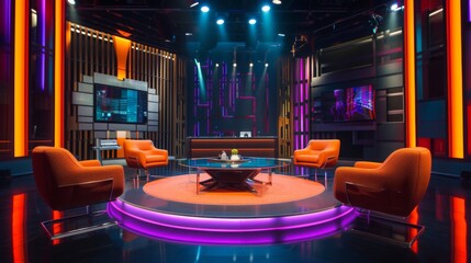 TV show backdrop featuring a large screen displaying vibrant visuals