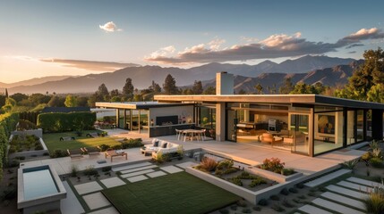 Fototapeta premium sprawling suburban mid-century modern home with integrated outdoor living spaces and a panoramic view of the mountains
