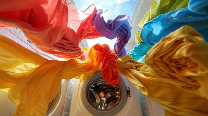 Laundry Day with Colorful Clothes in Washing Machine adds vibrancy to daily chores in a dynamic household routine. Bright colored clothes whirl around a washing machine