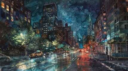 Obraz premium Watercolor painting of a night view of America