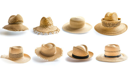 Set with different straw hats on white background. Stylish headdress