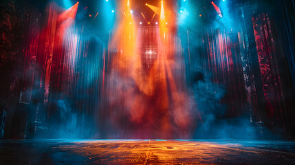 Stage Spotlight with Laser rays and smoke, Stage lighting, Stage Background. Stage with bright colors backdrop decoration
