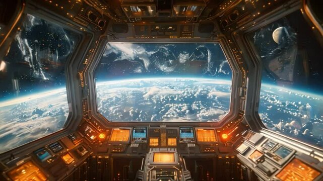 The interior of a spacecraft control center, with large windows showcasing Earth and the moon in the distance. The control panel is visible in the foreground.