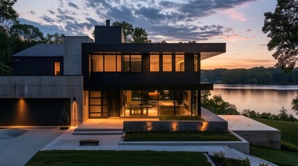 Fototapeta premium suburban contemporary home with a minimalist facade of smooth concrete and expansive windows overlooking a serene lake