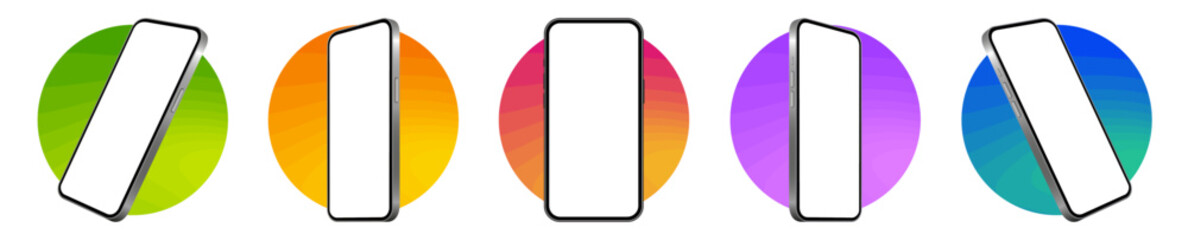 Mockup of a phone screen. Social media promotion. Advertising on a smartphone display. Device front view. 3D mobile phone. Cell phone. Green, orange, pink, purple and blue round frames.