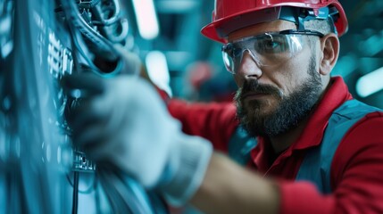 A worker in a red outfit and white gloves is handling wiring at an industrial control panel, ensuring proper connectivity and maintenance in a technological setting.