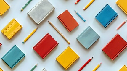 Back to School Background with Neatly Arranged Notebooks and School Supplies Against Minimalist Backdrop, Perfect for Educational Themes