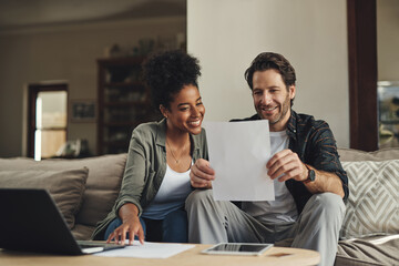 Couple, paperwork and planning on sofa with laptop for online tax registration, insurance...