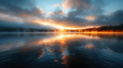 A stunning sunrise over a calm lake, where the mist adds a mystical glow to the scene, creating a breathtaking moment and painting the sky with orange and blue hues.