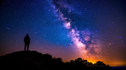 Fototapeta premium Silhouette of Person Admiring the Milky Way Galaxy in Starry Night Sky Background Wallpaper