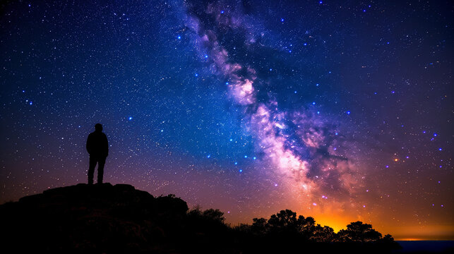 Silhouette of Person Admiring the Milky Way Galaxy in Starry Night Sky Background Wallpaper

