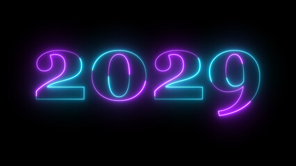 Neon text calendar 2029 Sal illustration, glowing neon icon cyan and purple colors.