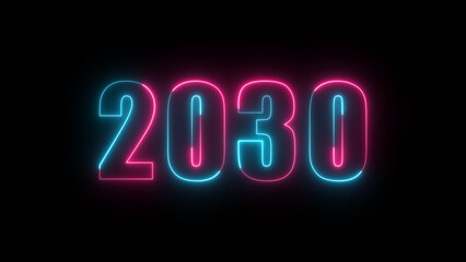 Neon text calendar 2030 Sal illustration, glowing neon icon cyan and red colors.	