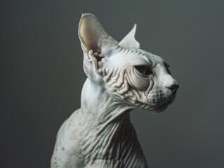 Close-up image of a smooth, bald feline against a monochrome backdrop