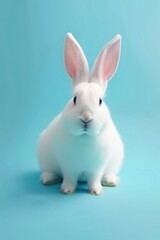 Obraz premium A white rabbit rests on a blue mat