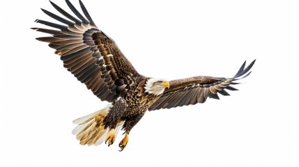 Obraz premium a high quality stock photograph of a single flying happy eagle isolated on a white background