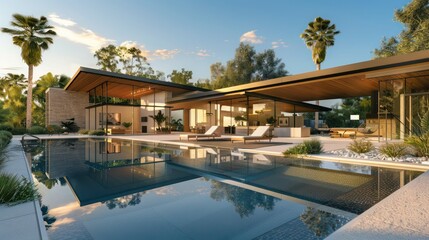 Obraz premium suburban mid-century modern home with a seamless transition to a stunning backyard oasis featuring a sleek infinity pool