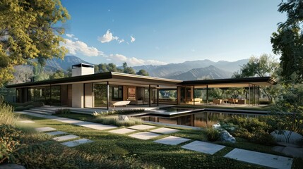 sprawling suburban mid-century modern home with integrated outdoor living spaces and a panoramic view of the mountains