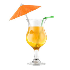 Cocktail with umbrella and straw, 3D rendering isolated on transparent background