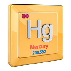 Mercury Hg, chemical element sign with number 80 in periodic table. 3D rendering isolated on transparent background