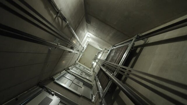 Inside the elevator shaft, spinning shot from the top of an ascending cabin. Vertical construction witch machinery, cables and counterweight