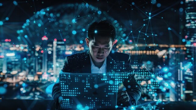 Business Intelligence, Asian businessman using laptop computer with global network connection, data exchange, digital technology, data science and digital marketing, Investment on global busines
