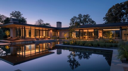 Fototapeta premium serene evening at a Suburban Contemporary home with a modern exterior lighting design and a reflection pool