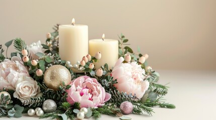 Romantic Christmas greeting background. Burning candles with decoration made of natural fir and pine cones and flowers on a pink background.