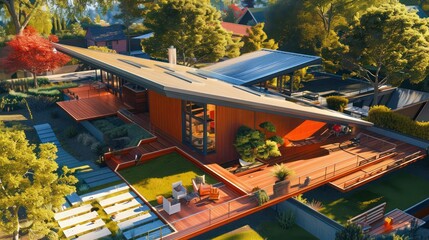 mid-century modern suburban house with a bold, angular roof and a series of decks that cascade down a sloping backyard