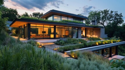 Fototapeta premium suburban modern home with a green living roof and native landscaping that enhances its eco-friendly design