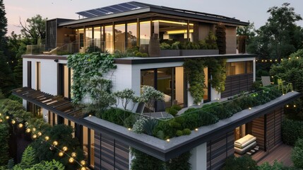 Fototapeta premium Suburban Modern home with a rooftop garden, showcasing sustainable design with solar panels and green spaces