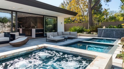 luxurious outdoor spa area in a suburban mid-century modern home, with hydrotherapy pools and secluded seating