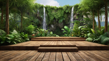 Elevating product displays: 3D green wood podiums and jungle platforms - Nature-inspired backgrounds with trees, leaves, and tropical elements for summer cosmetics, forest stages, and water presentati