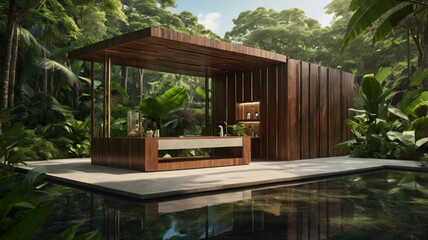 Elevating product displays: 3D green wood podiums and jungle platforms - Nature-inspired backgrounds with trees, leaves, and tropical elements for summer cosmetics, forest stages, and water presentati