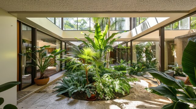 luxurious suburban house with mid-century modern design, featuring a central atrium filled with tropical plants