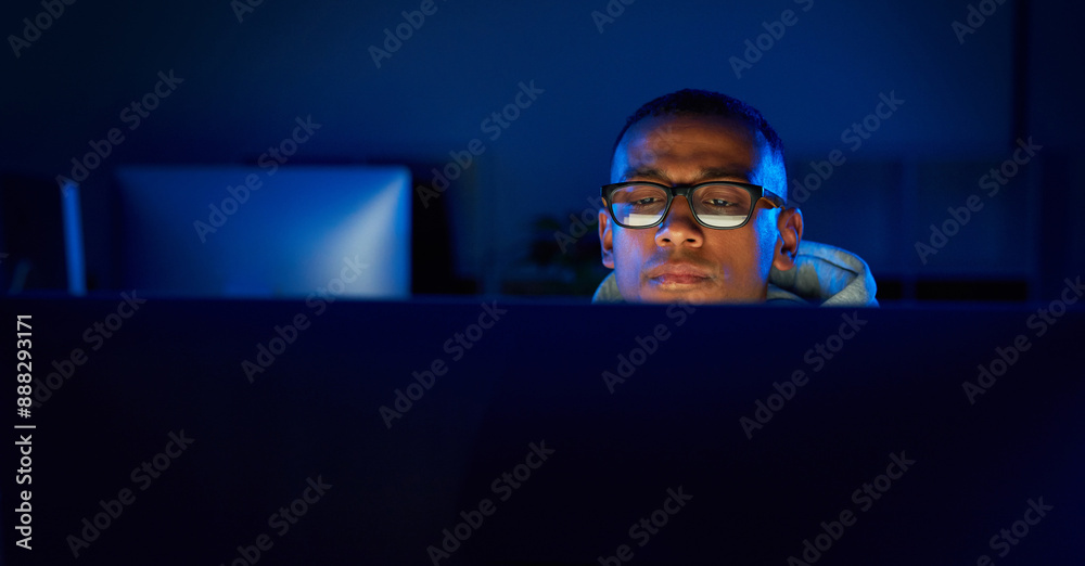 Poster night, black man or hacker reading on computer for cybercrime, malware or phishing for stealing onli
