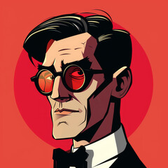 Vector cartoon portrait of an evil butler with red glasses, cozy colors, solid background