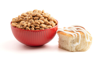 Sweet Cinnamon Roll Flavored Breakfast Cereal Isolated on White Background