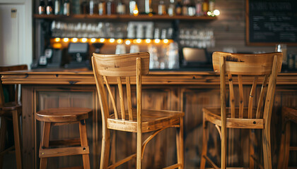 Wooden chairs at the bar counter close-up. Wood background