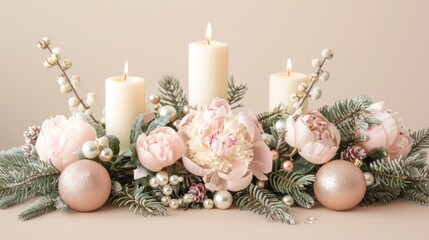 Romantic Christmas greeting background. Burning candles with decoration made of natural fir and pine cones and flowers on a pink background.
