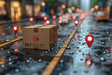 3D render of a green food delivery box on the road with red map pins in the style of a cartoon.
