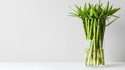 Obraz premium Cluster of lucky bamboo stalks arranged in a clear glass vase.