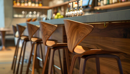 Wooden chairs at the bar counter close-up. Wood background