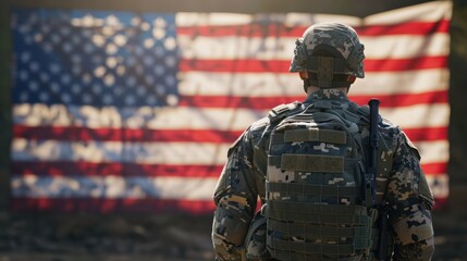 soldier in military uniform standing with the back to the camera with the usa flag in the background