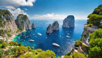A stunning coastal view of Capri, Italy, with clear blue waters, rocky cliffs, and boats scattered in the sea under a bright sky.