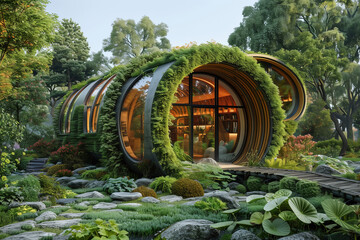 Futuristic modern eco friendly rounded apartment building in green area of city covered lush greenery. Urban greening concept, vertical gardens and sustainable architecture. Facade with green lush