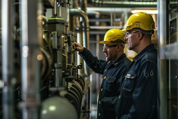 Two engineers wearing safety helmets work on high-tech machinery in a nuclear plant. Industrial environment with advanced technology.